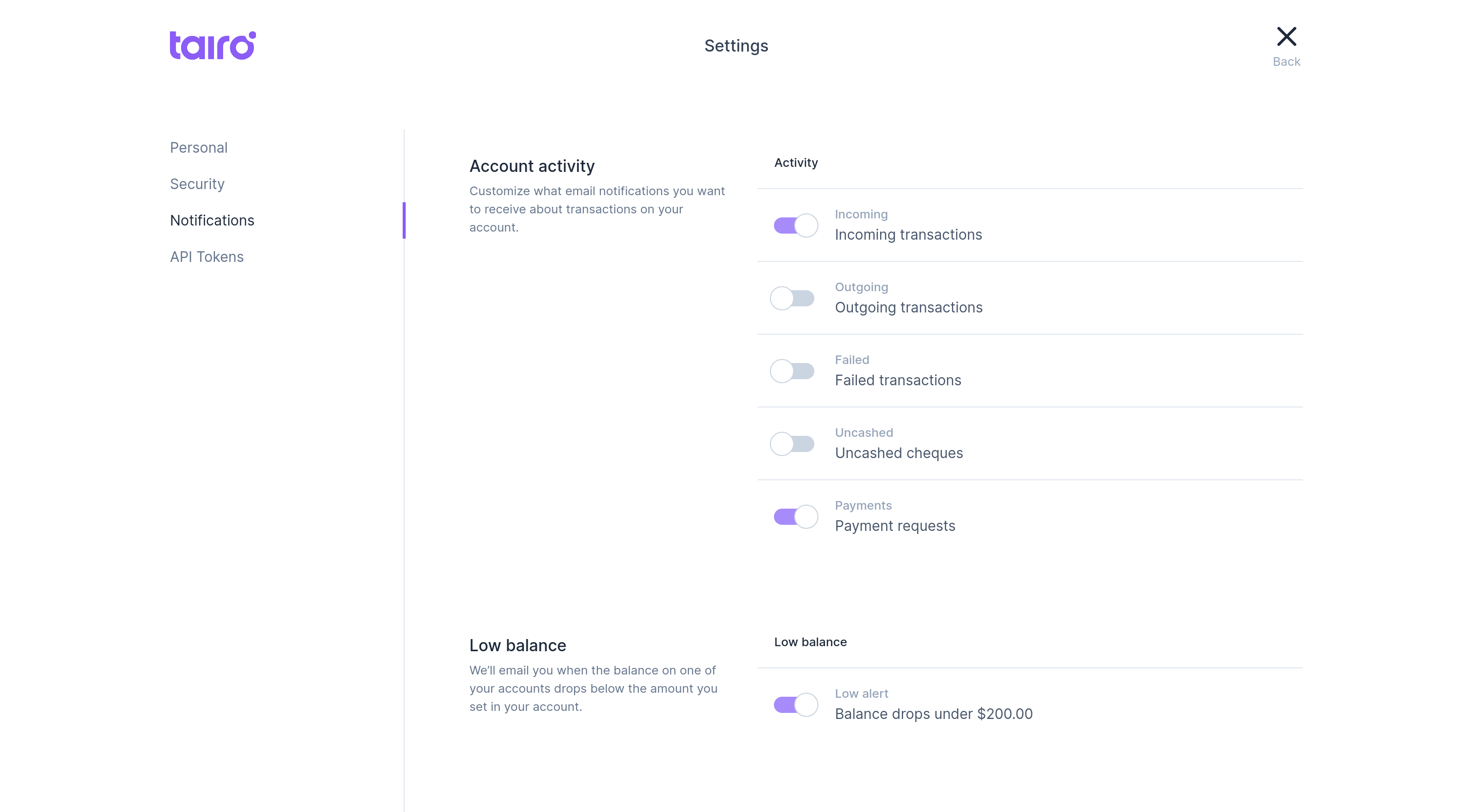 Tairo - Notifications
